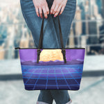8-Bit Pixel Digital Landscape Print Leather Tote Bag