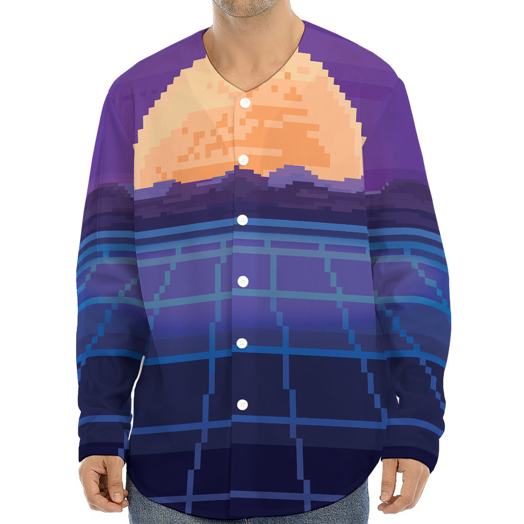 8-Bit Pixel Digital Landscape Print Long Sleeve Baseball Jersey