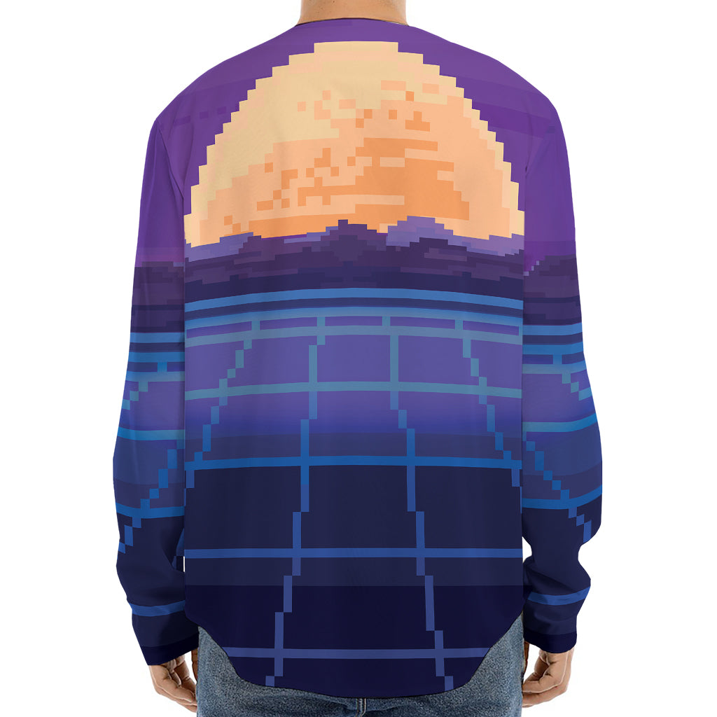 8-Bit Pixel Digital Landscape Print Long Sleeve Baseball Jersey