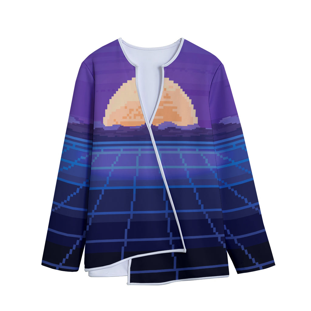 8-Bit Pixel Digital Landscape Print Long Sleeve Short Coat