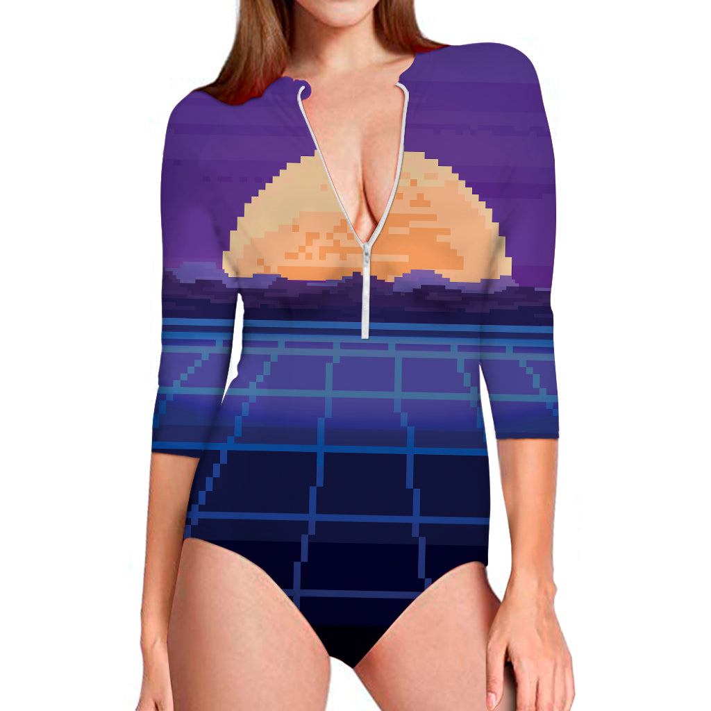 8-Bit Pixel Digital Landscape Print Long Sleeve Swimsuit
