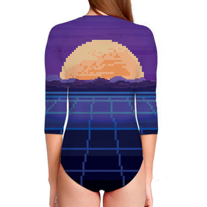 8-Bit Pixel Digital Landscape Print Long Sleeve Swimsuit