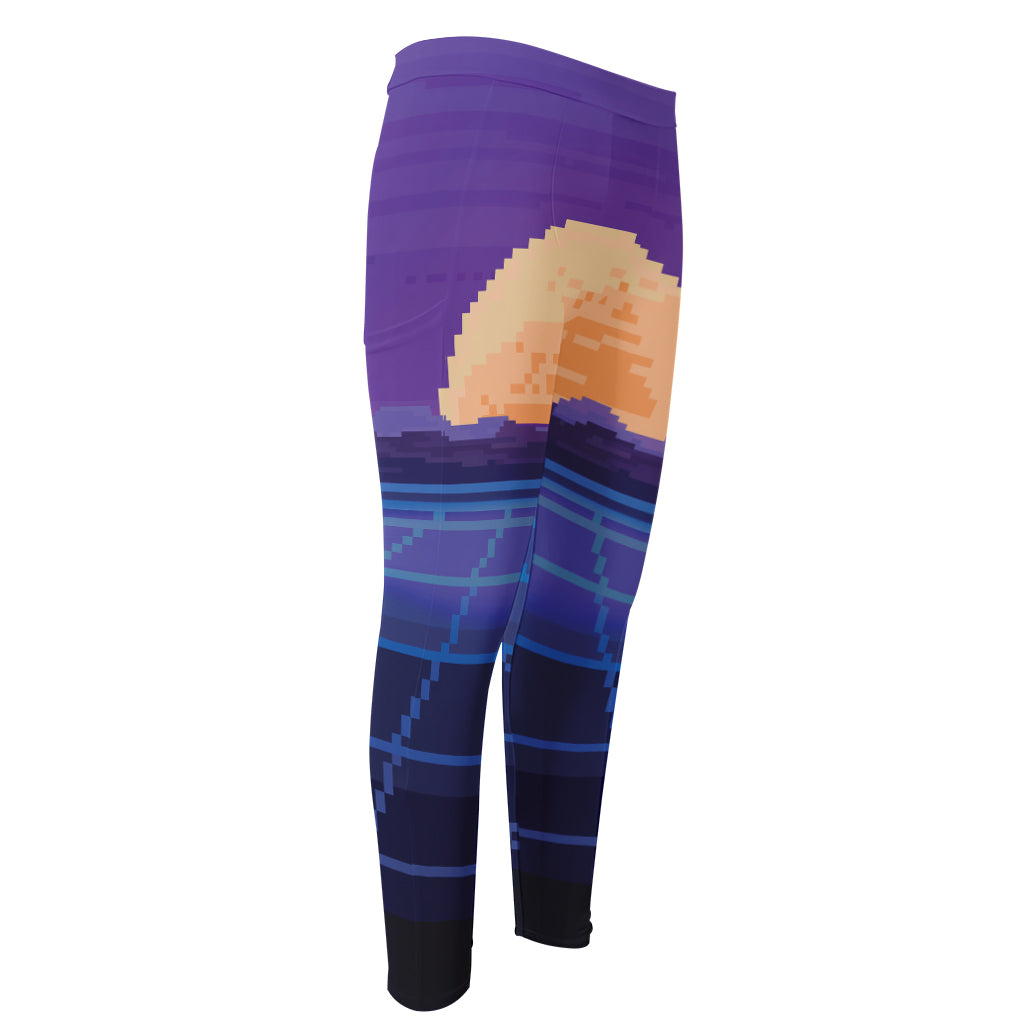 8-Bit Pixel Digital Landscape Print Men's Compression Pants