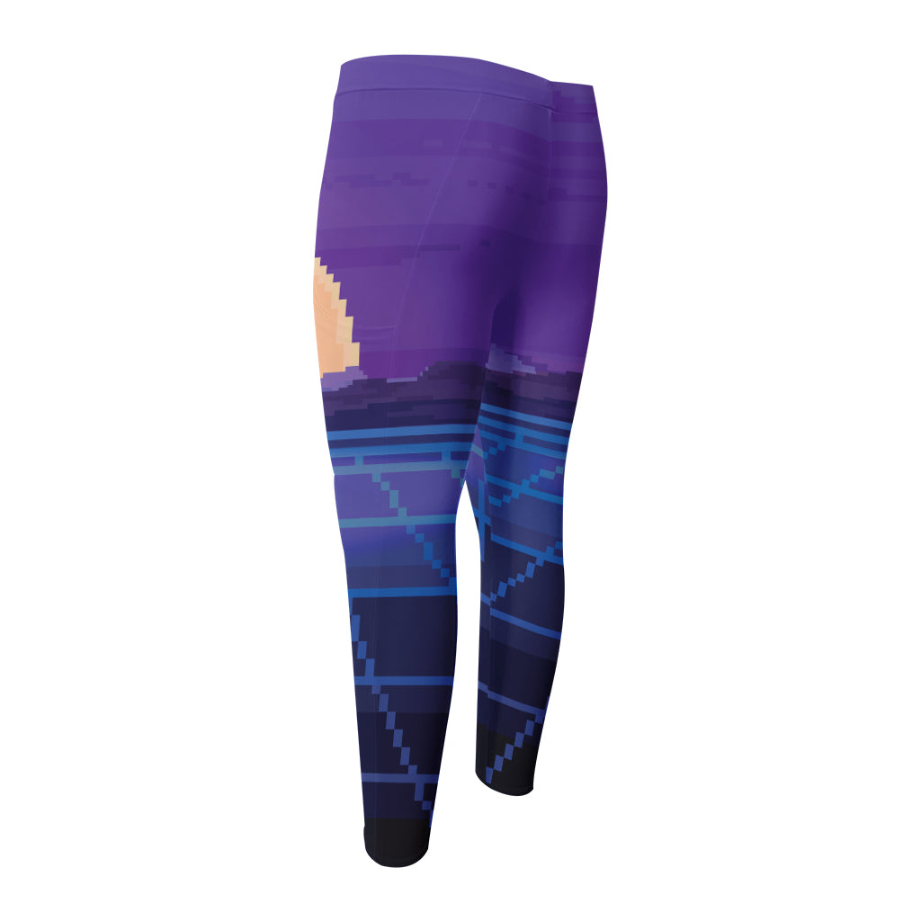 8-Bit Pixel Digital Landscape Print Men's Compression Pants