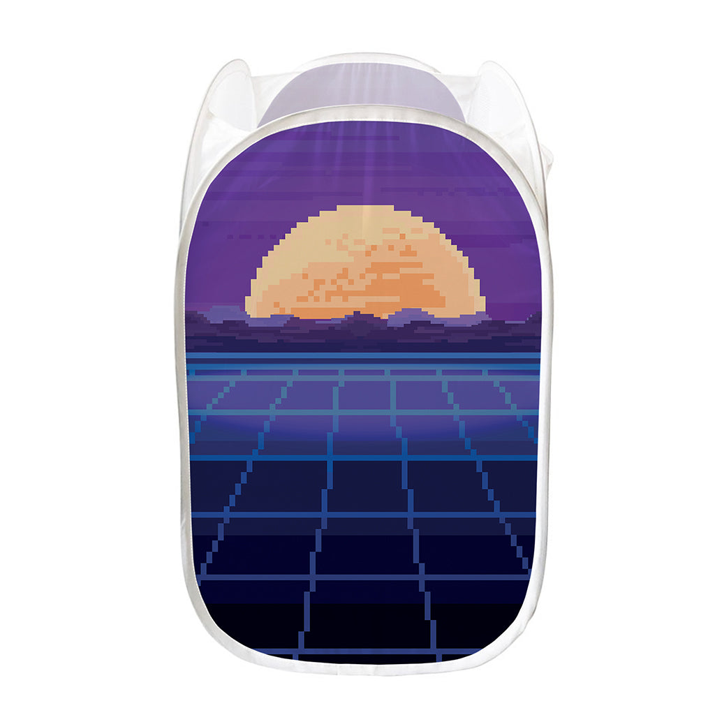 8-Bit Pixel Digital Landscape Print Mesh Laundry Hamper