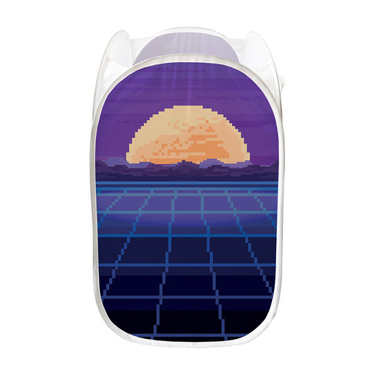 8-Bit Pixel Digital Landscape Print Mesh Laundry Hamper