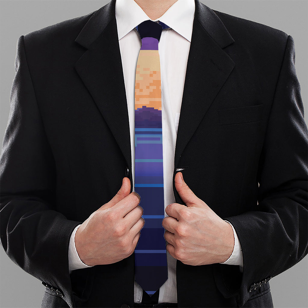 8-Bit Pixel Digital Landscape Print Necktie