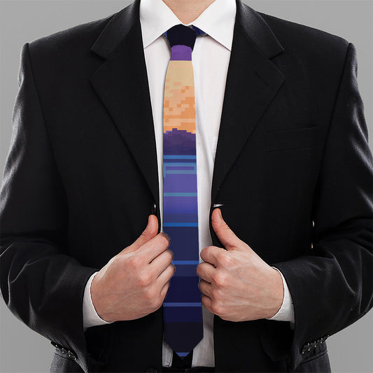8-Bit Pixel Digital Landscape Print Necktie