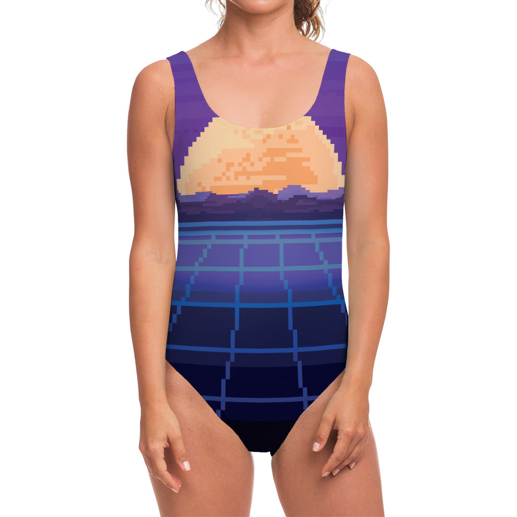8-Bit Pixel Digital Landscape Print One Piece Swimsuit