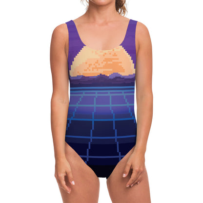 8-Bit Pixel Digital Landscape Print One Piece Swimsuit