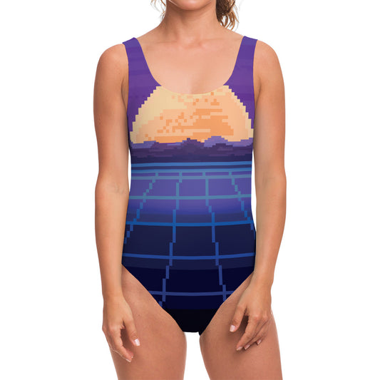 8-Bit Pixel Digital Landscape Print One Piece Swimsuit