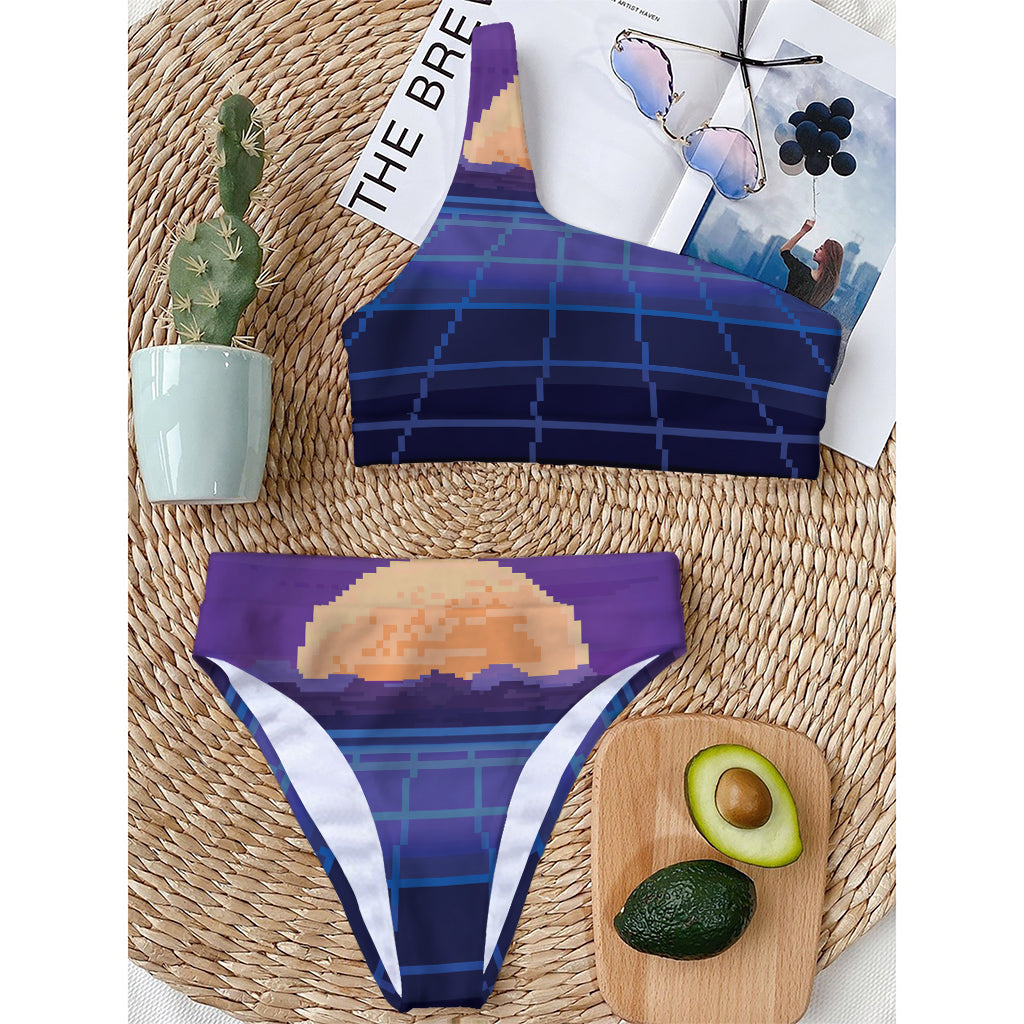 8-Bit Pixel Digital Landscape Print One Shoulder Bikini Top