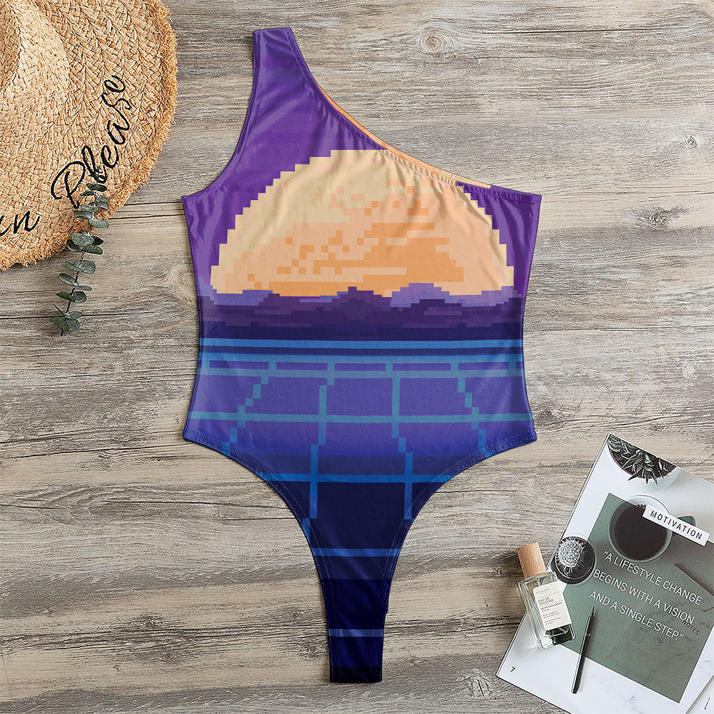8-Bit Pixel Digital Landscape Print One Shoulder Bodysuit