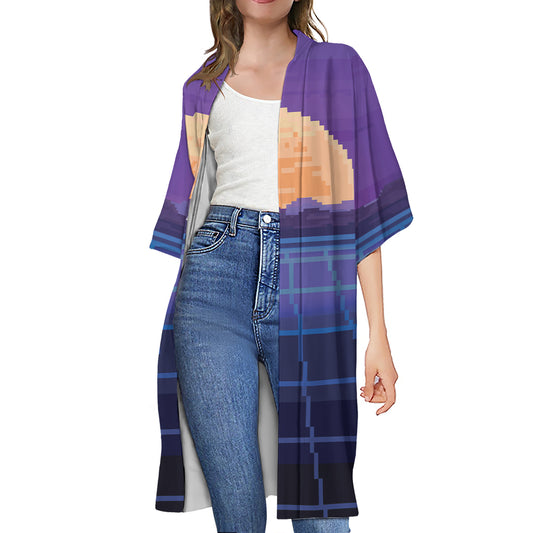 8-Bit Pixel Digital Landscape Print Open Front Beach Cover Up