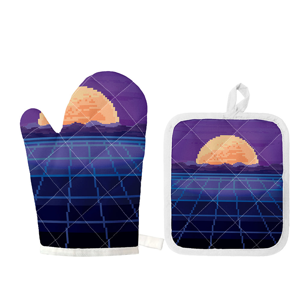 8-Bit Pixel Digital Landscape Print Oven Mitt And Pot Holder Set
