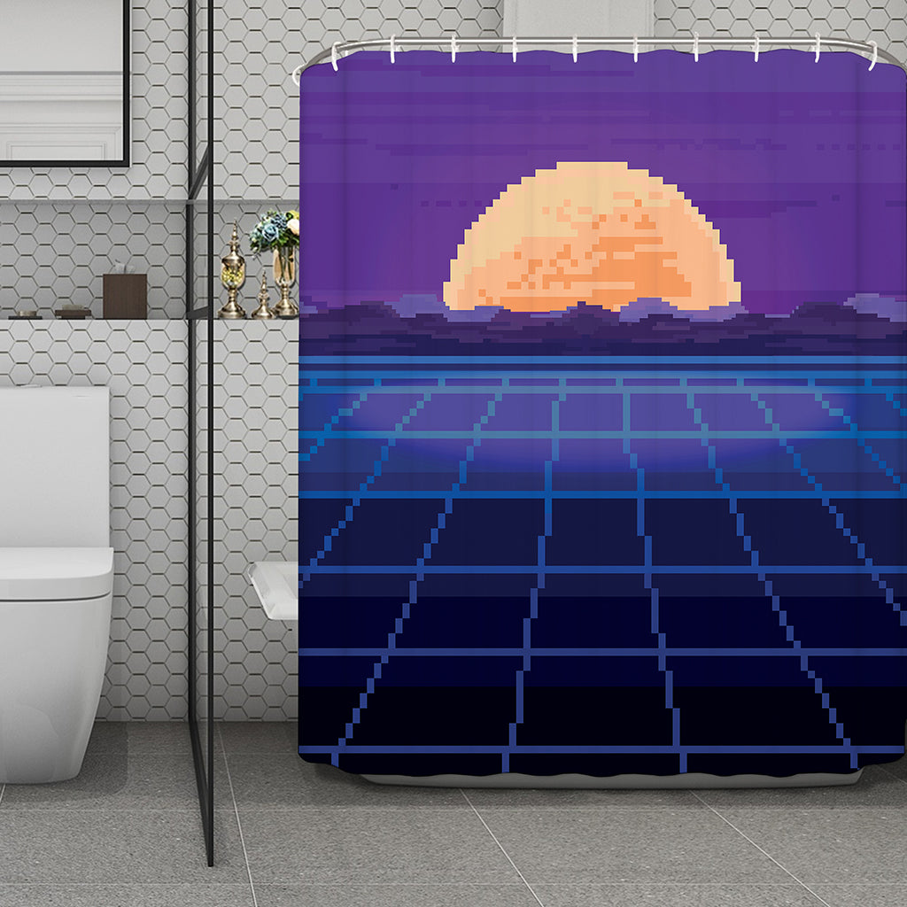 8-Bit Pixel Digital Landscape Print Polyester Shower Curtain