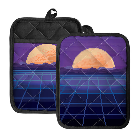 8-Bit Pixel Digital Landscape Print Pot Holders With Pocket