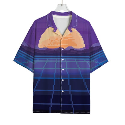 8-Bit Pixel Digital Landscape Print Rayon Hawaiian Shirt