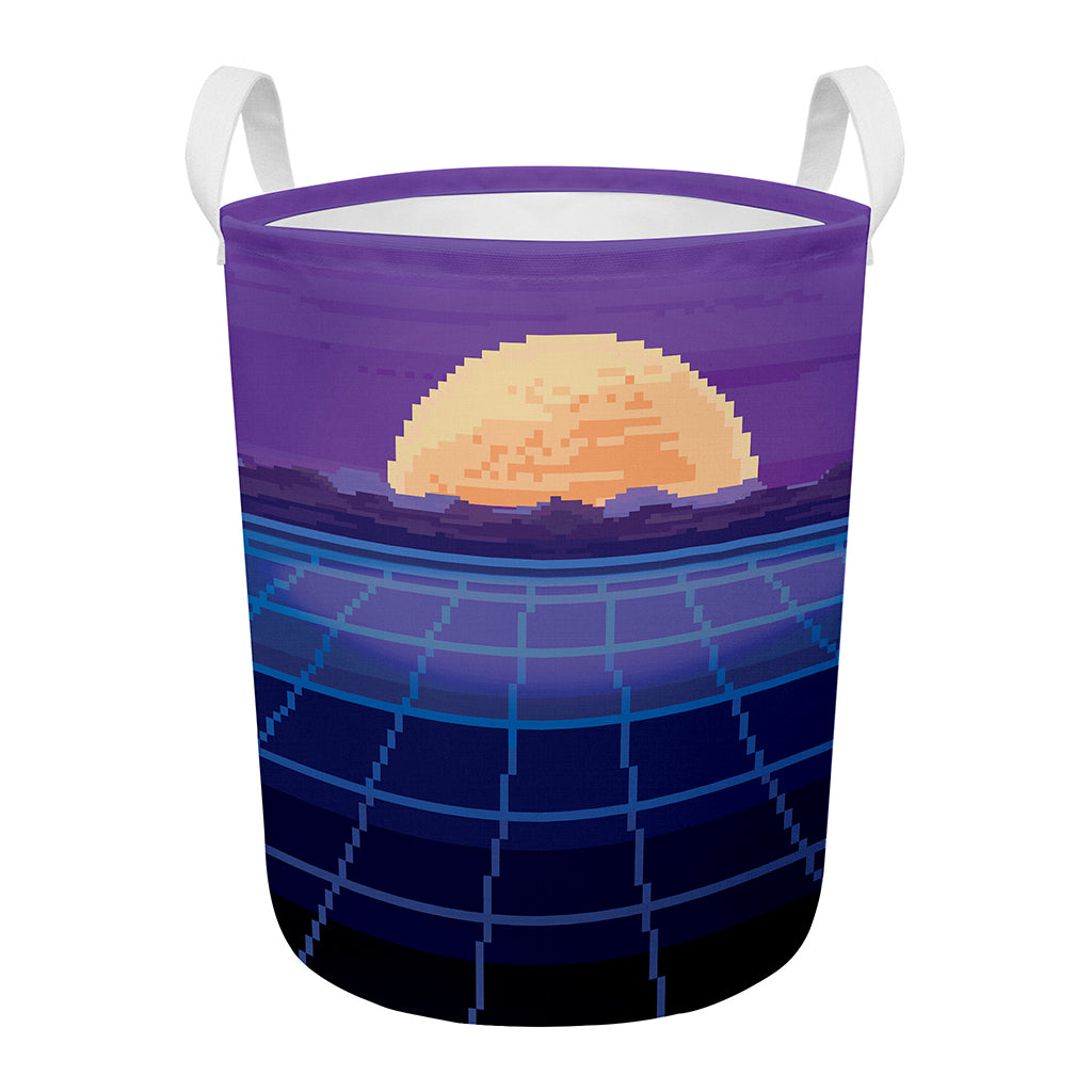 8-Bit Pixel Digital Landscape Print Round Laundry Basket