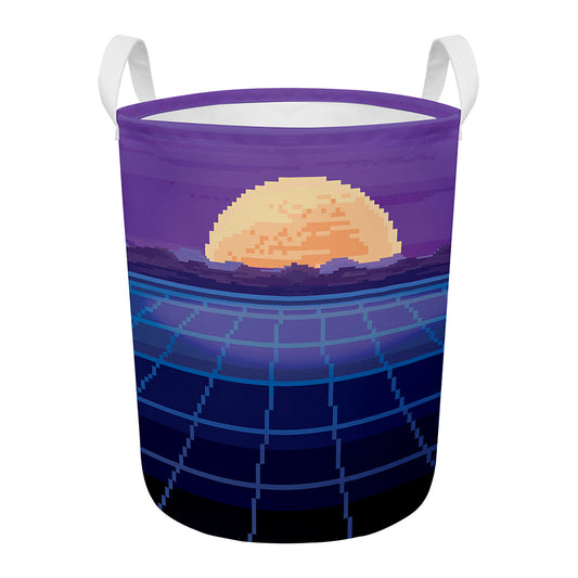 8-Bit Pixel Digital Landscape Print Round Laundry Basket
