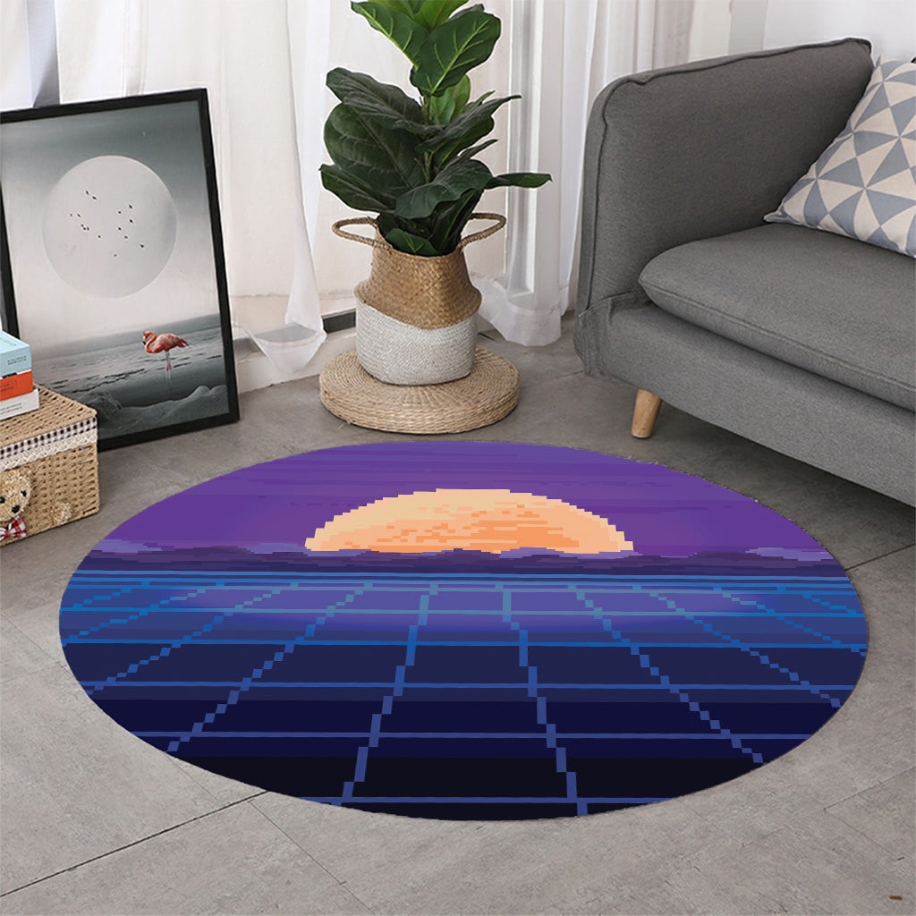 8-Bit Pixel Digital Landscape Print Round Rug