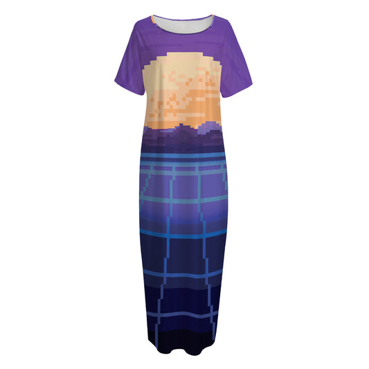 8-Bit Pixel Digital Landscape Print Short Sleeve Long Nightdress