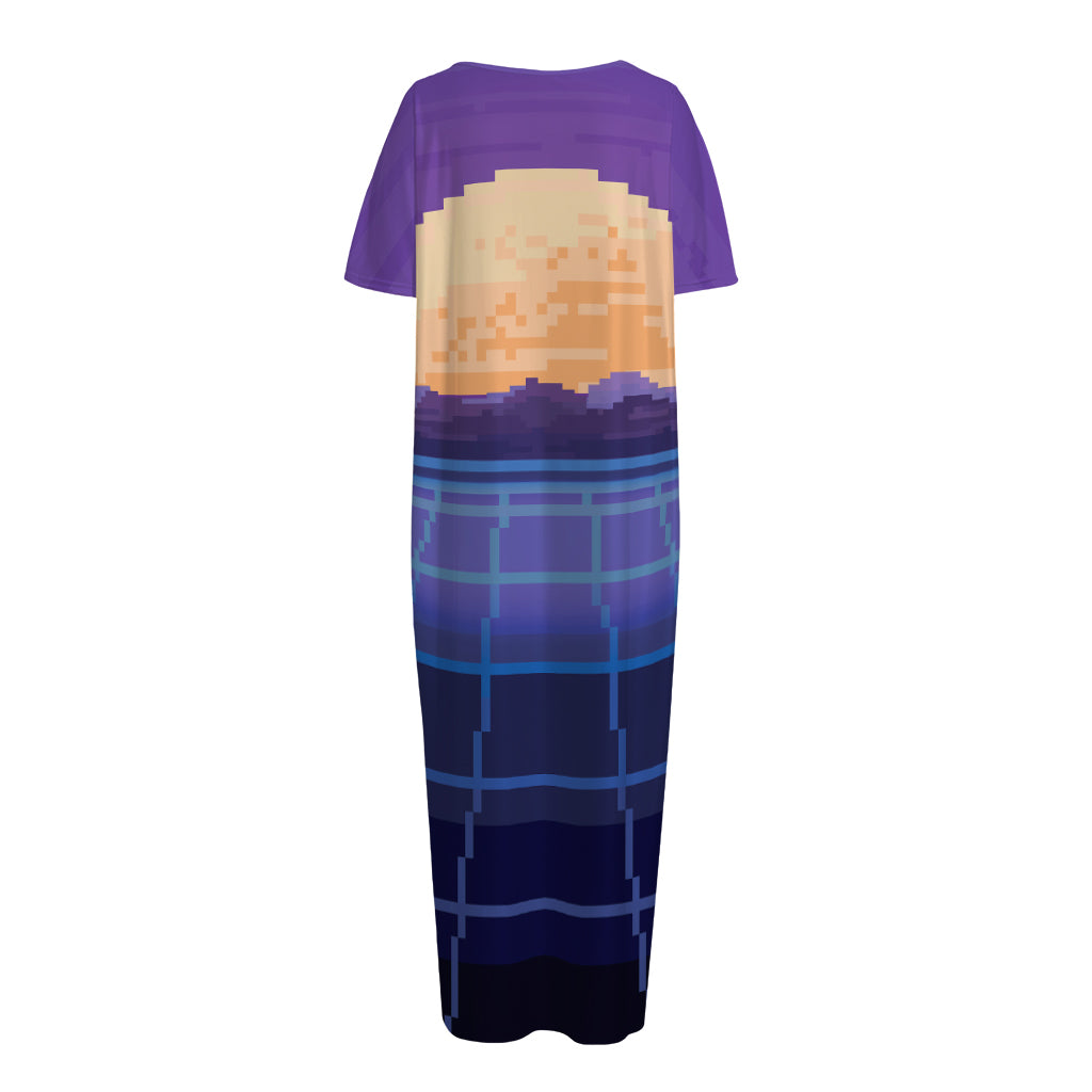 8-Bit Pixel Digital Landscape Print Short Sleeve Long Nightdress