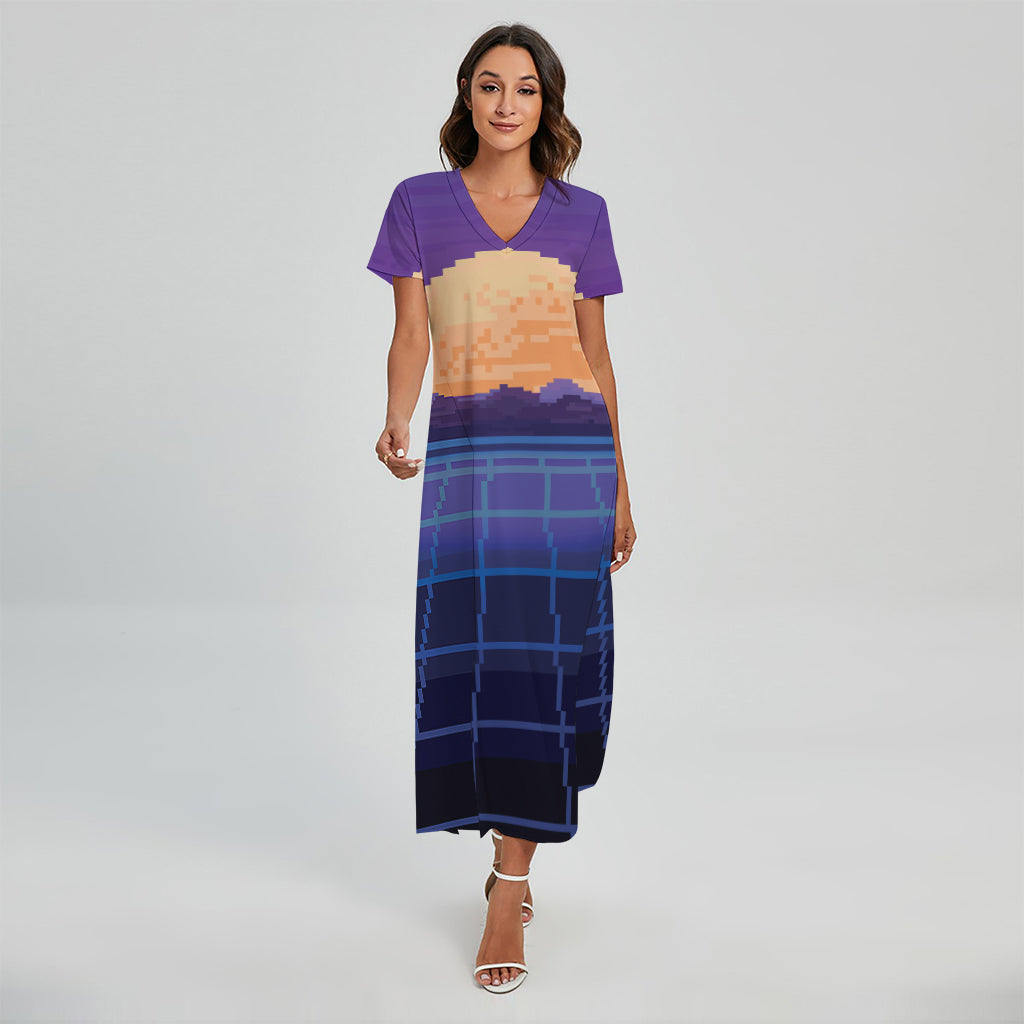 8-Bit Pixel Digital Landscape Print Short Sleeve Maxi Dress