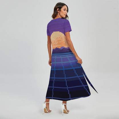 8-Bit Pixel Digital Landscape Print Short Sleeve Maxi Dress