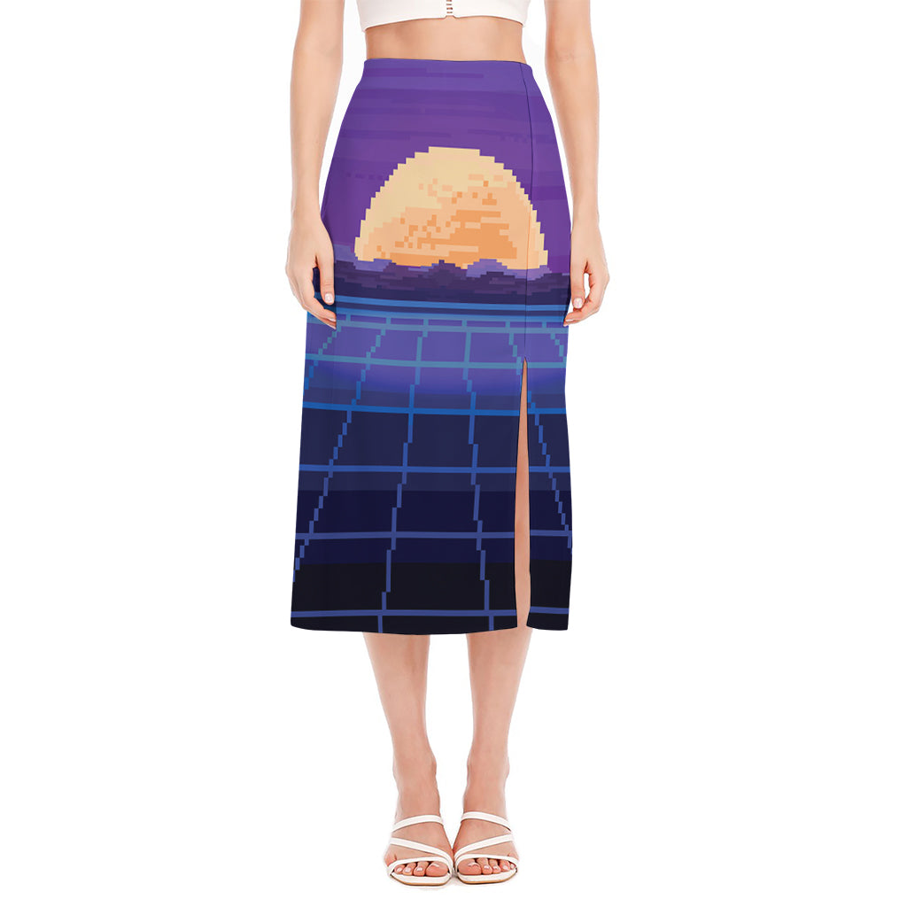 8-Bit Pixel Digital Landscape Print Side Slit Midi Skirt