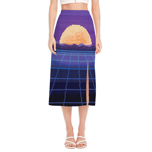 8-Bit Pixel Digital Landscape Print Side Slit Midi Skirt