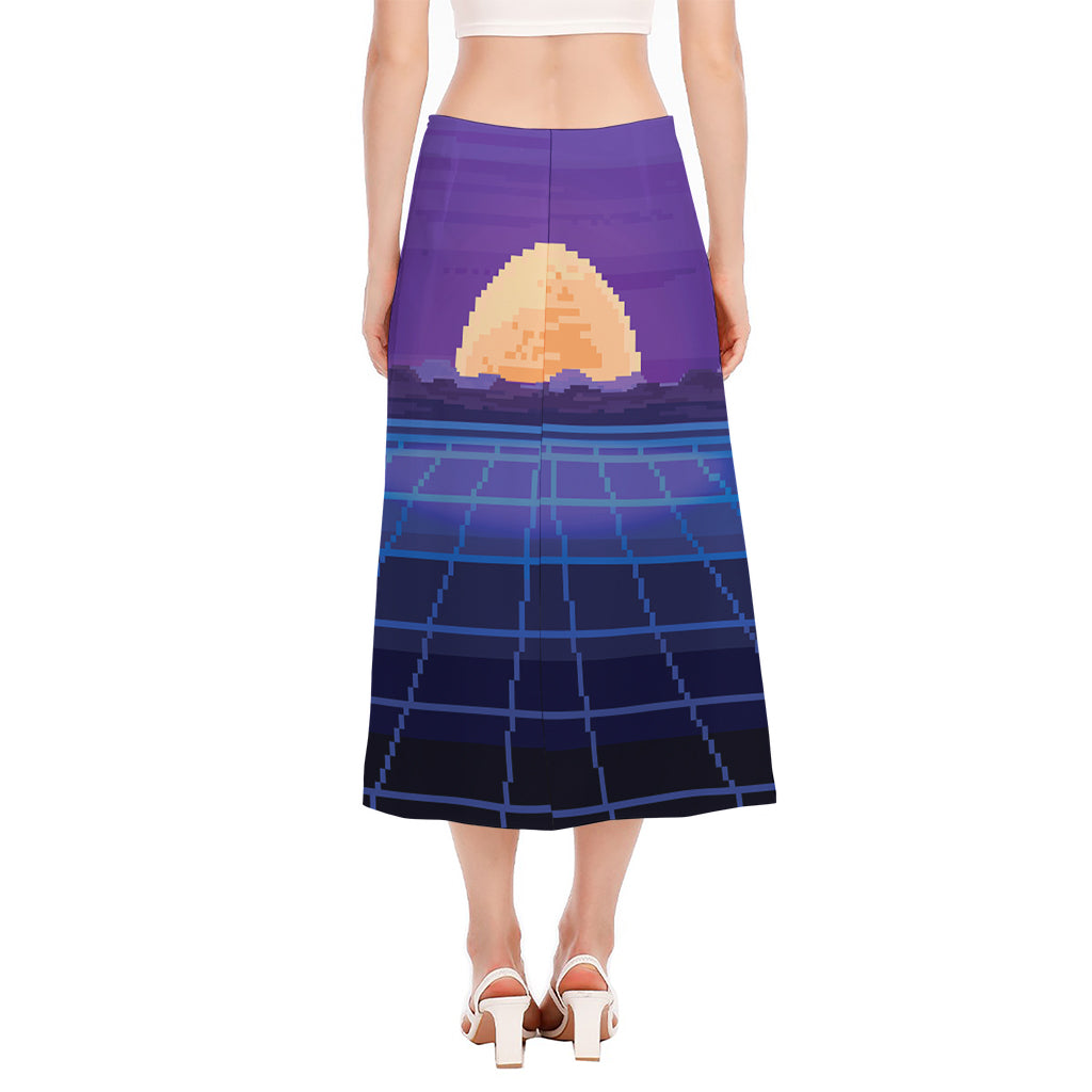 8-Bit Pixel Digital Landscape Print Side Slit Midi Skirt
