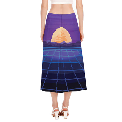 8-Bit Pixel Digital Landscape Print Side Slit Midi Skirt