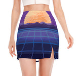 8-Bit Pixel Digital Landscape Print Side Slit Mini Skirt