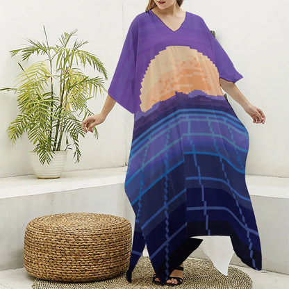 8-Bit Pixel Digital Landscape Print Silk V-Neck Kaftan Dress