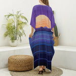 8-Bit Pixel Digital Landscape Print Silk V-Neck Kaftan Dress