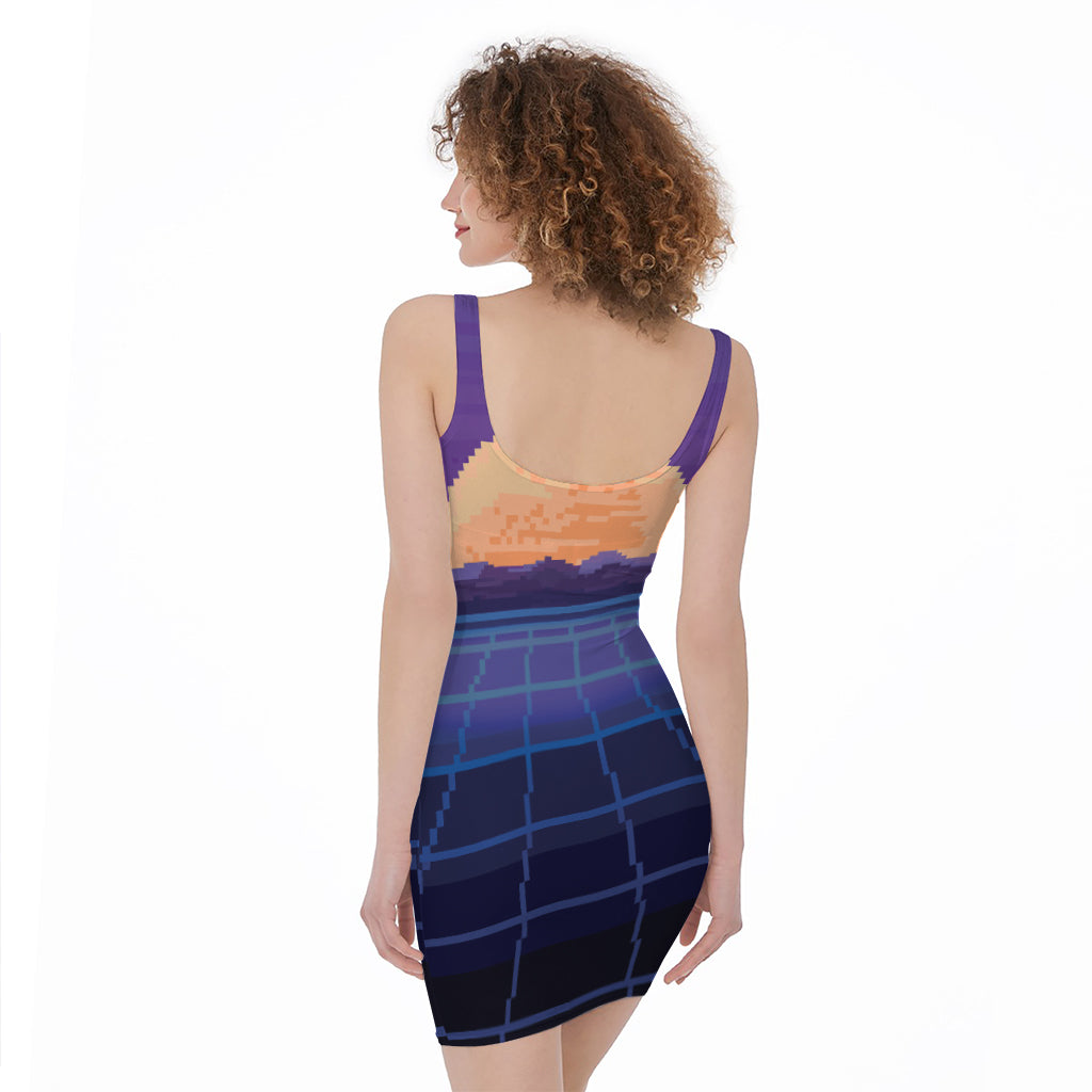 8-Bit Pixel Digital Landscape Print Sleeveless Bodycon Dress