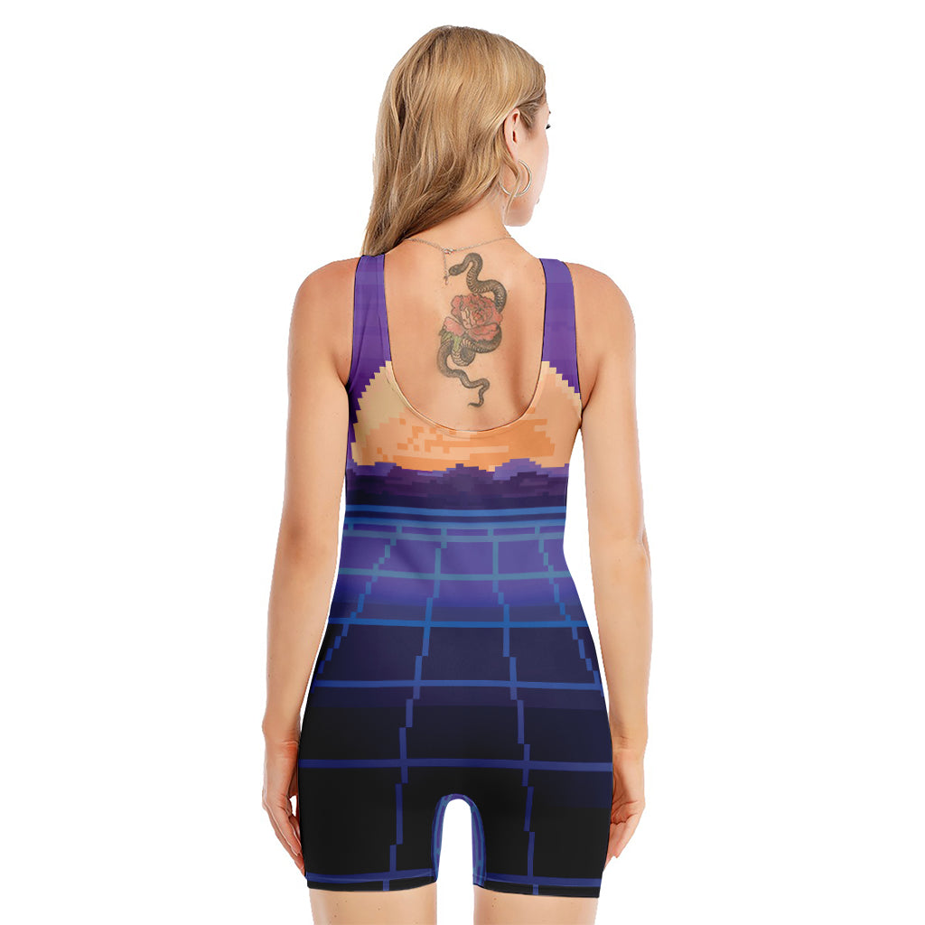 8-Bit Pixel Digital Landscape Print Sleeveless One Piece Swimsuit