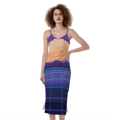 8-Bit Pixel Digital Landscape Print Slim Fit Midi Cami Dress