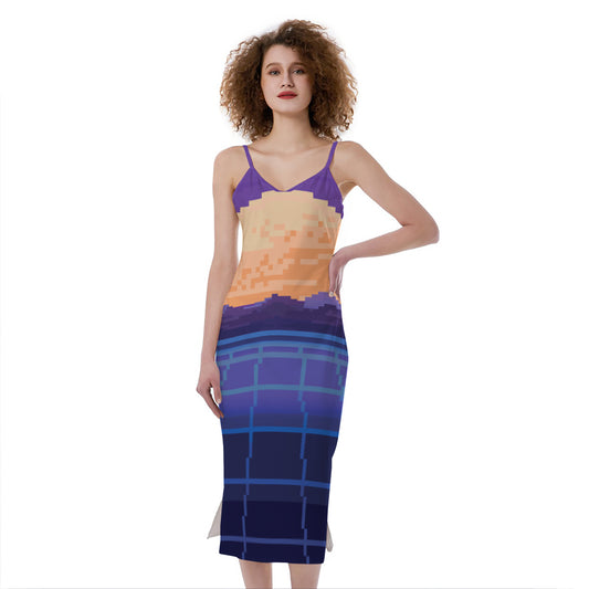 8-Bit Pixel Digital Landscape Print Slim Fit Midi Cami Dress