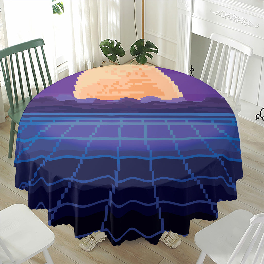 8-Bit Pixel Digital Landscape Print Waterproof Round Tablecloth