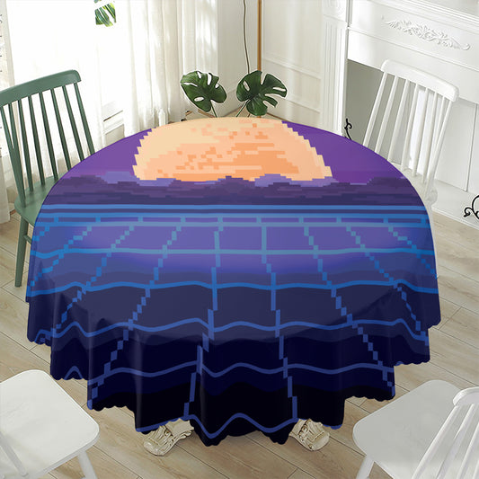 8-Bit Pixel Digital Landscape Print Waterproof Round Tablecloth