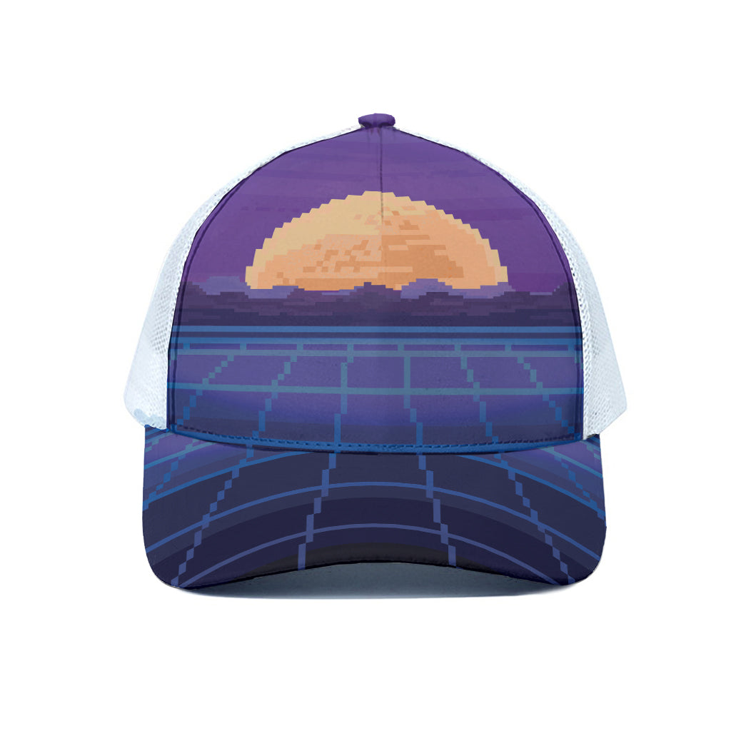 8-Bit Pixel Digital Landscape Print White Mesh Trucker Cap