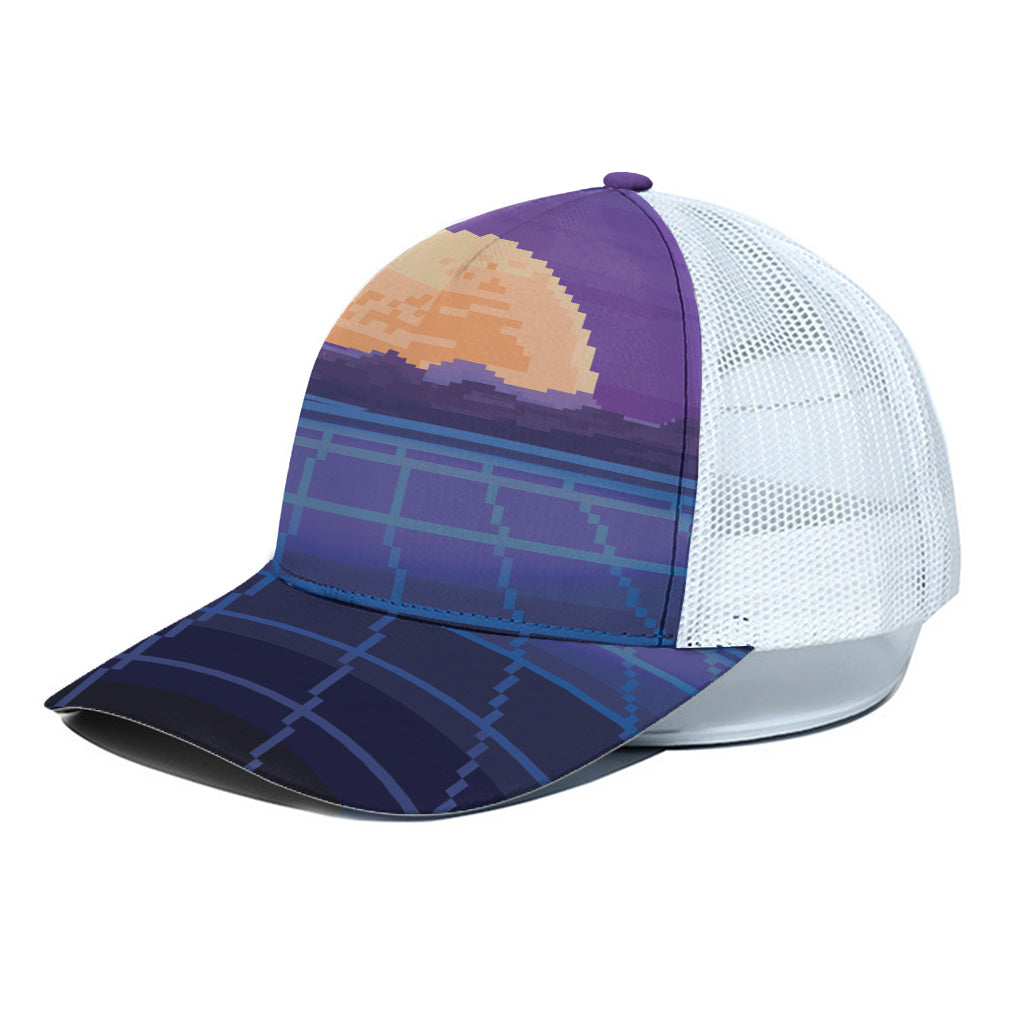 8-Bit Pixel Digital Landscape Print White Mesh Trucker Cap