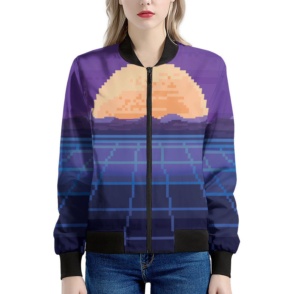 8-Bit Pixel Digital Landscape Print Women's Bomber Jacket