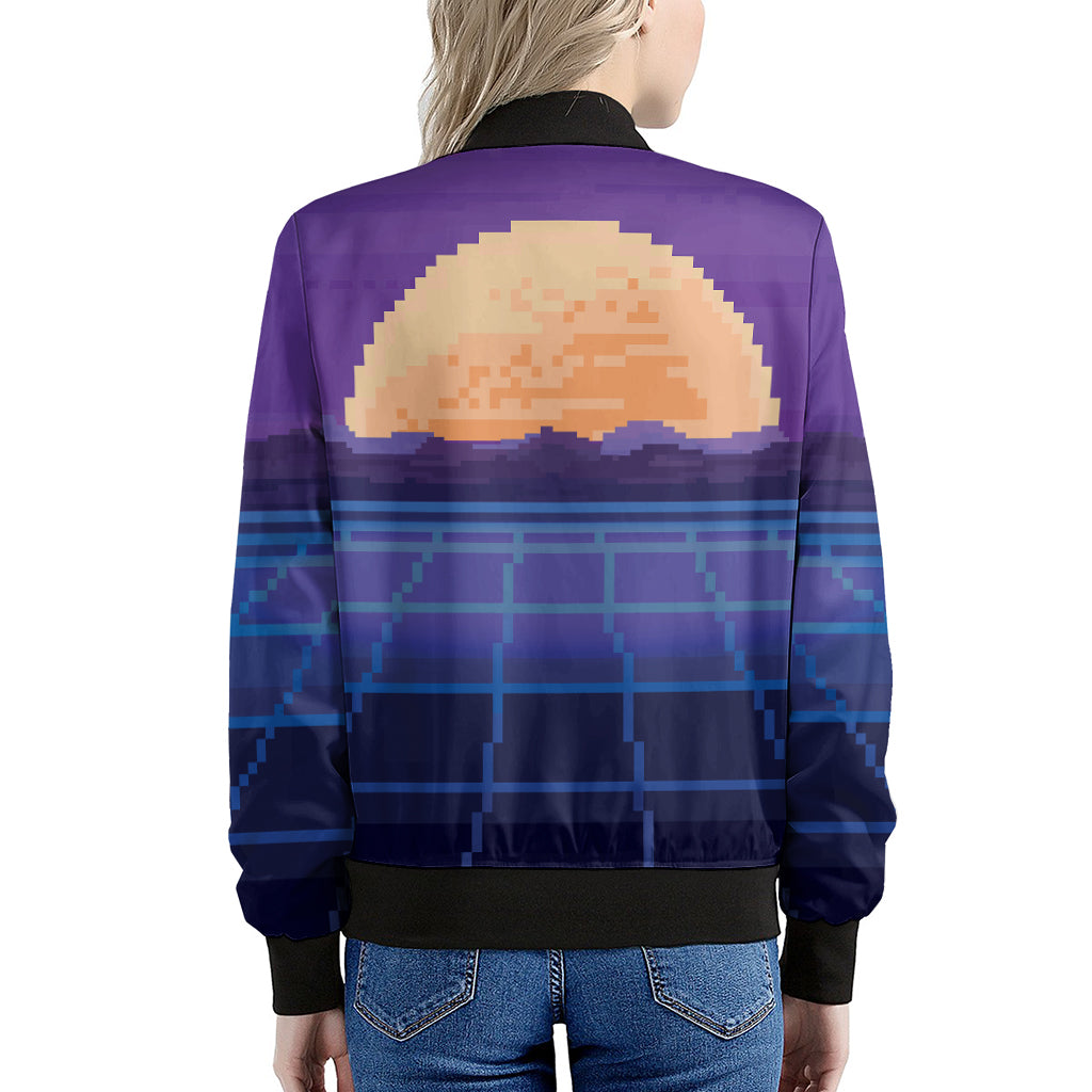 8-Bit Pixel Digital Landscape Print Women's Bomber Jacket