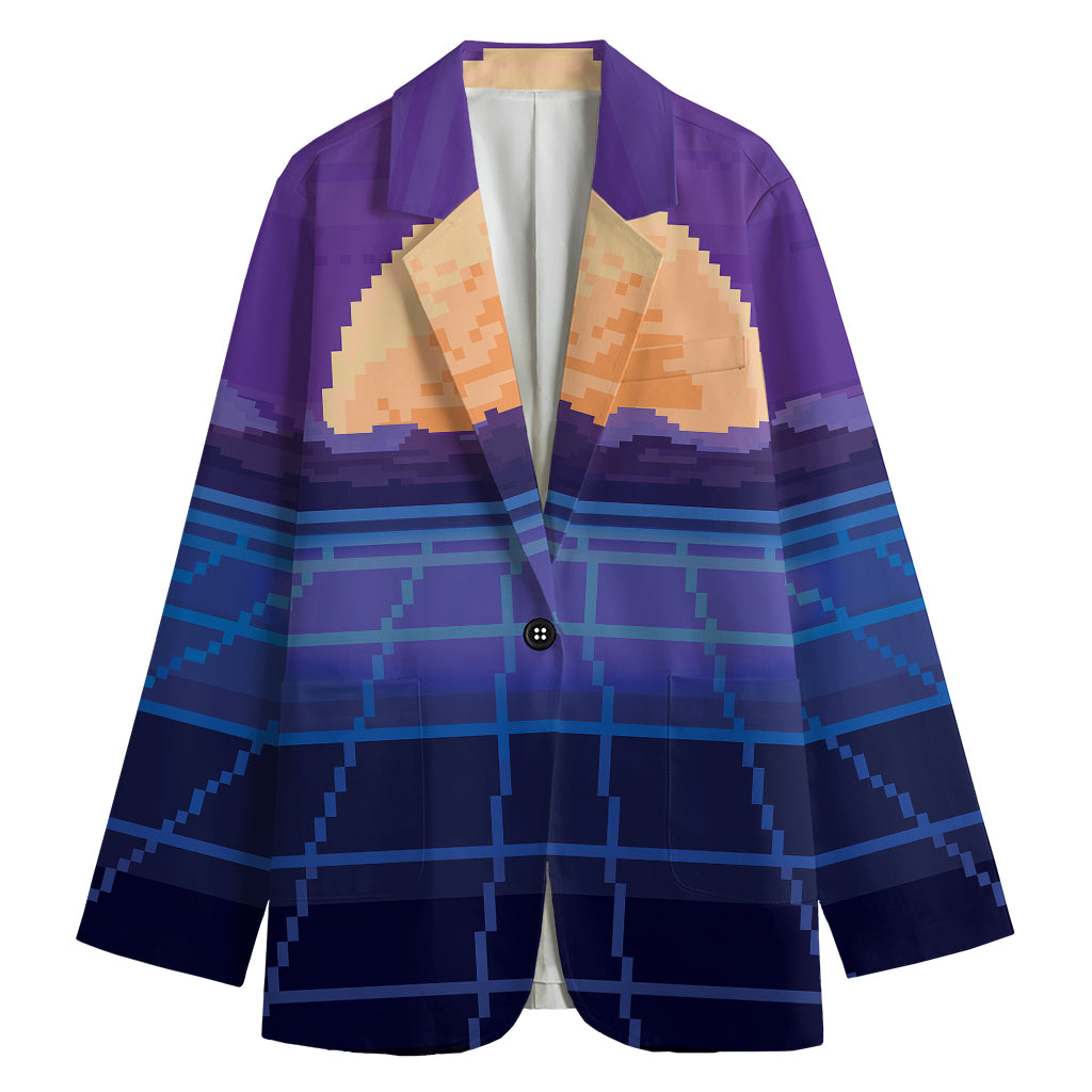8-Bit Pixel Digital Landscape Print Women's Cotton Blazer