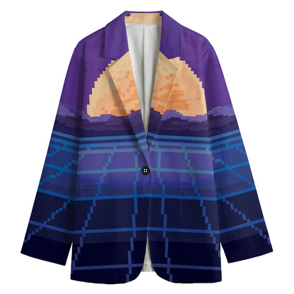 8-Bit Pixel Digital Landscape Print Women's Cotton Blazer