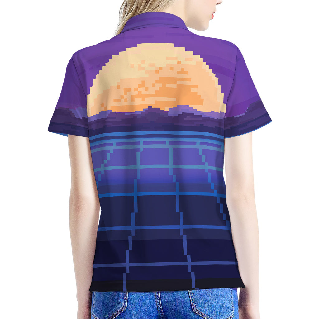 8-Bit Pixel Digital Landscape Print Women's Polo Shirt