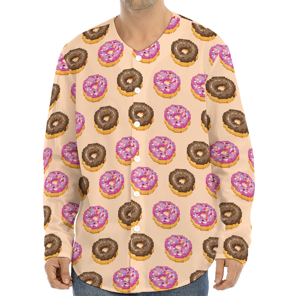 8-Bit Pixel Donut Print Long Sleeve Baseball Jersey